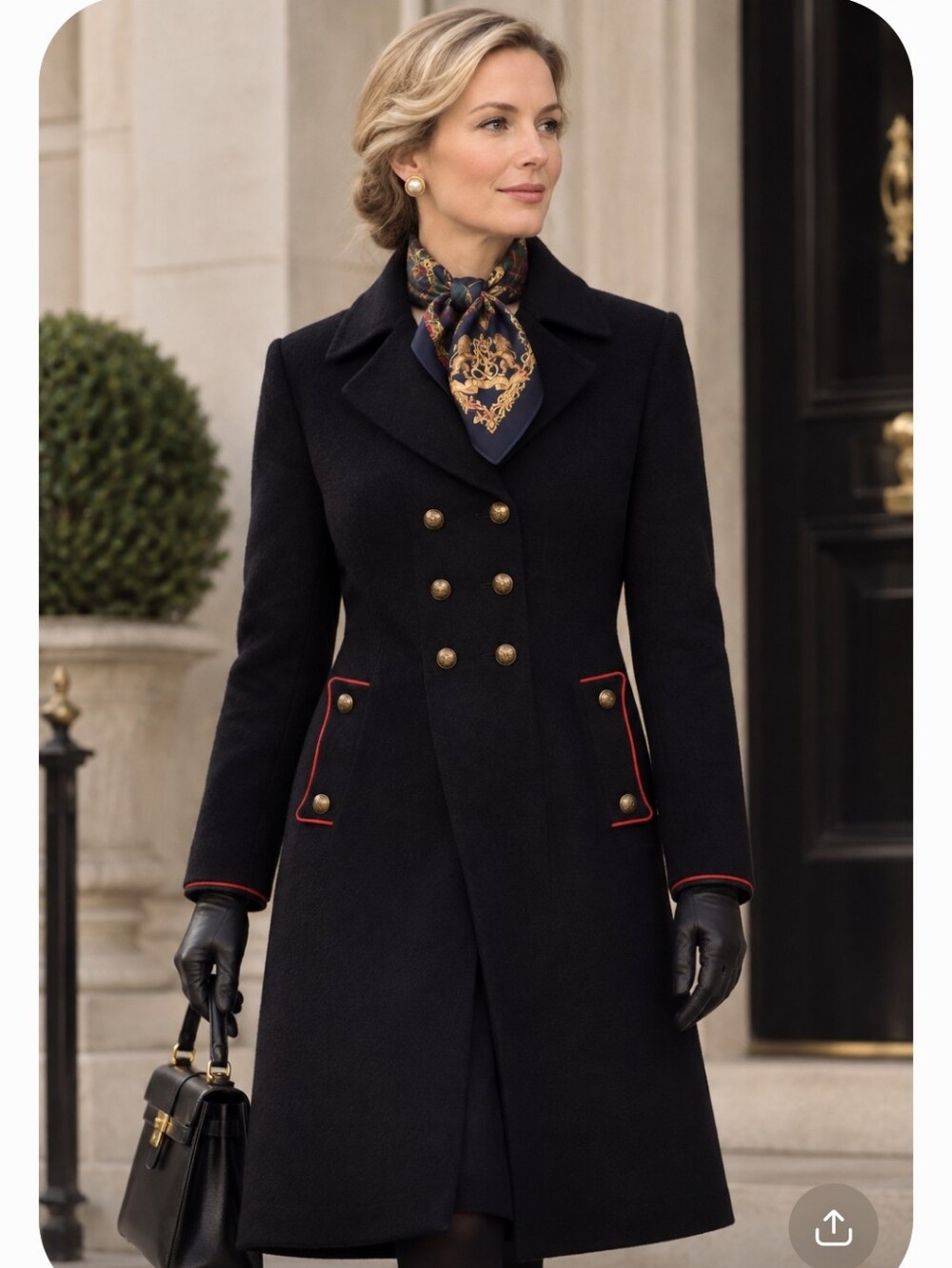 Polo Ralph Lauren Black Double-Breasted Pea Coat with Red Trim